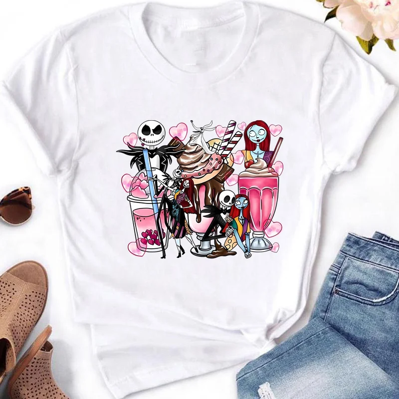 Disney The Nightmare Before Christmas Jack Sally Print Women T-Shirt Casual Short Sleeve T-Shirt for Spring Summer Girl Clothing