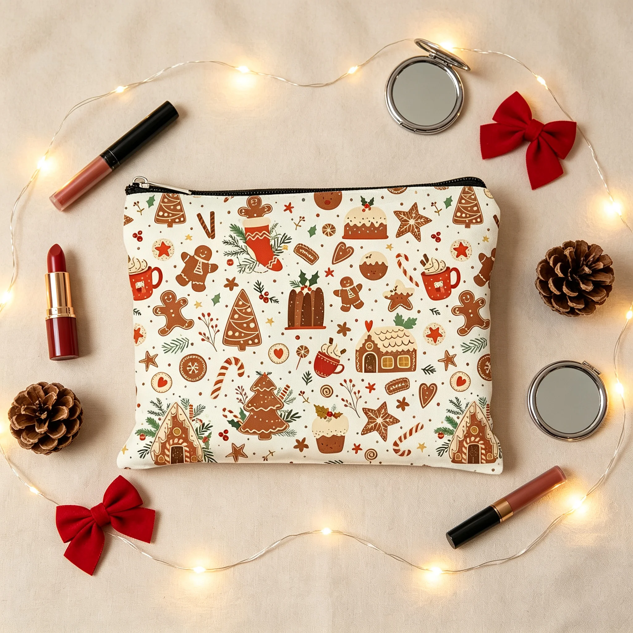 Christmas Holiday Gift Canvas Cosmetic Bag Gingerbread Man Cookies Print Zipper Makeup Pouch Travel Toiletry Bag for Women Girls