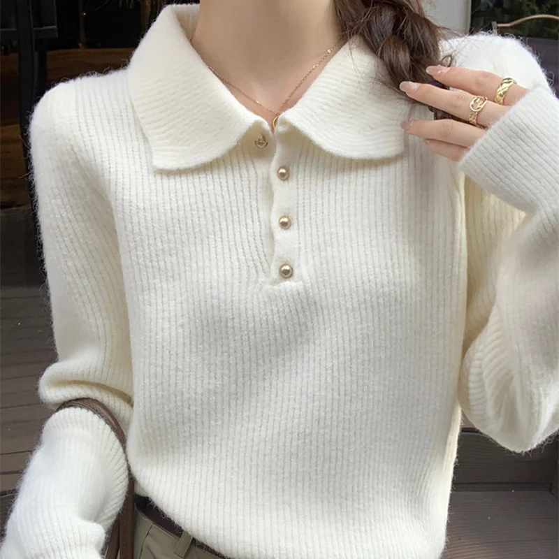2026 Chic Turn Down Collar Knitted Sweaters Women Button Up Solid Color Sweater Pullovers Woman Korean Long Sleeve Jumpers Mujer