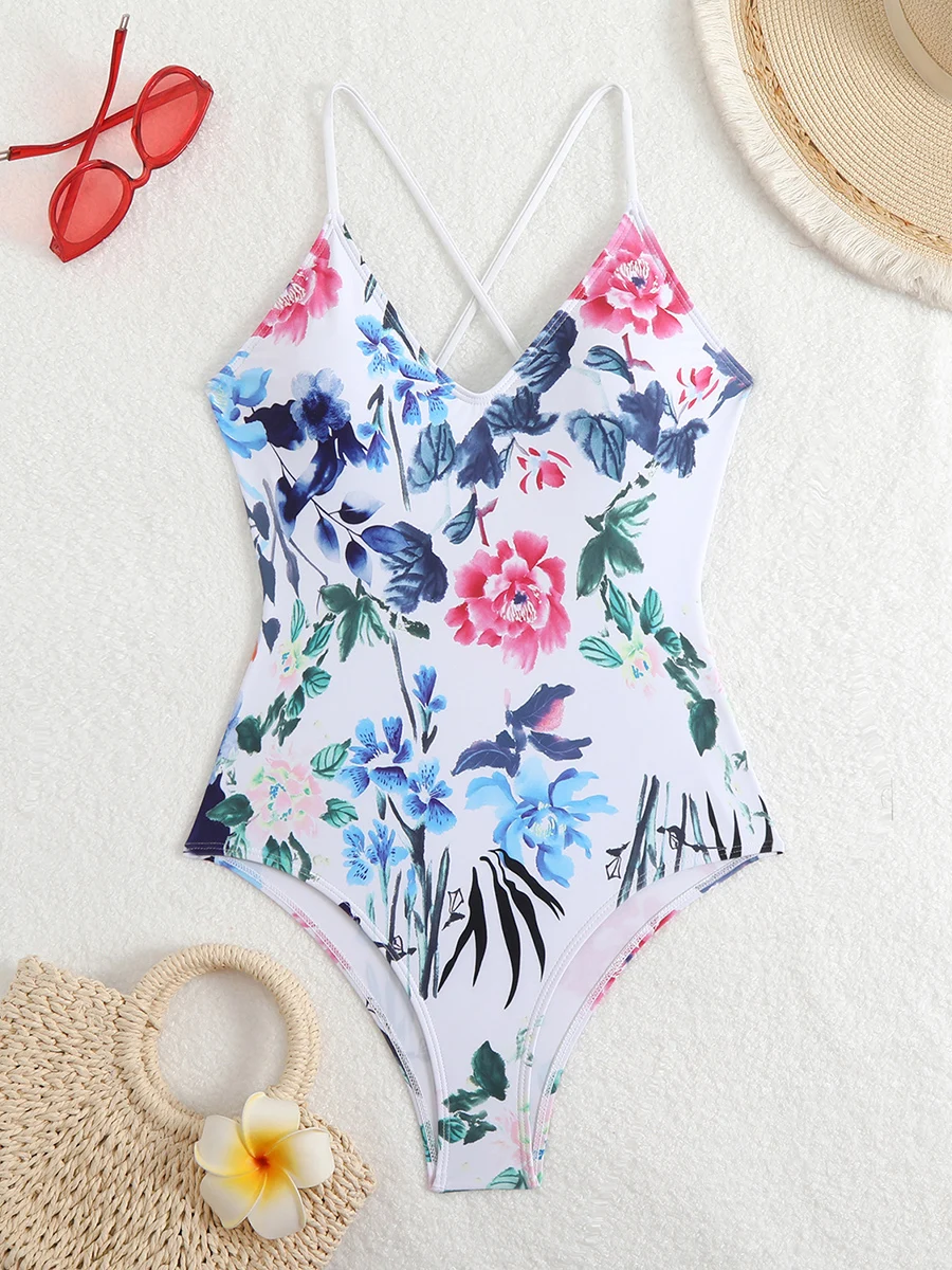 Sexy Floral One Piece Swimsuits Women Bathing Suit V Neck Swimwear Female Monokini Cross Backless Swimming for Suits Beachwear view 6
