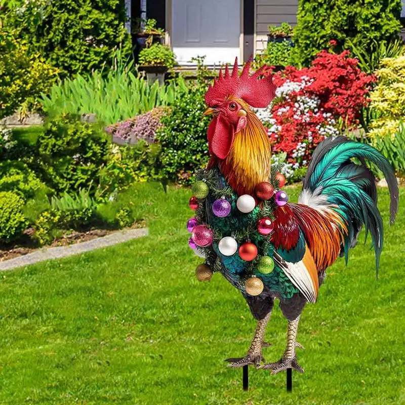 Metal Rooster Yard Decor Metal Rooster Outdoor Decor Colored Balls Design Iron Art Animal Sign Wooden Stake For Outdoor Pathway