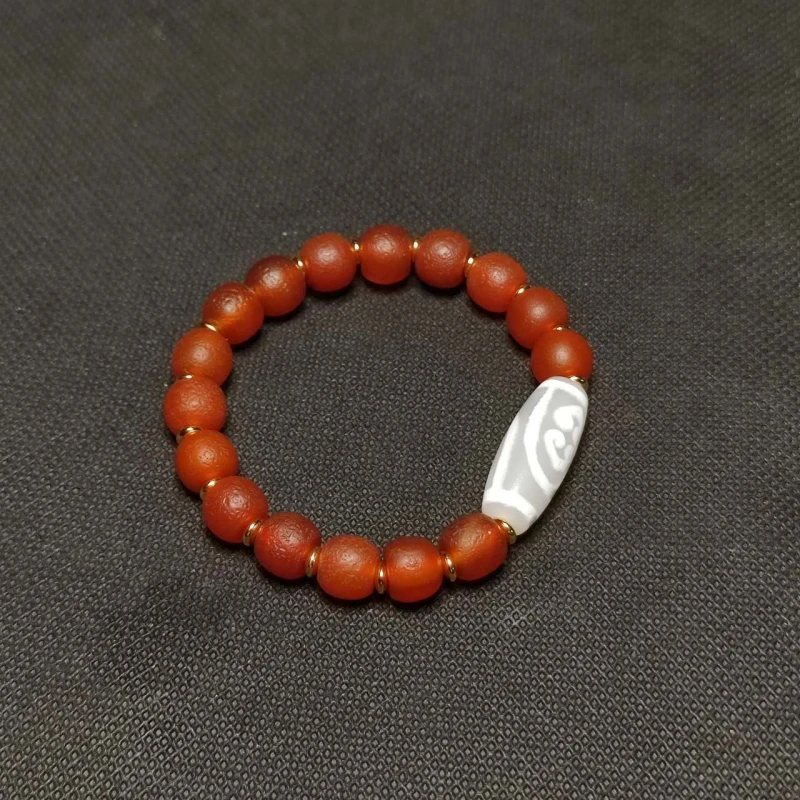 Tibetan Vajra Double Heart Totem Weathering Type White Agate Dzi Cylindrical Red Agate Bead Jewellery Bracelet Free Shipping