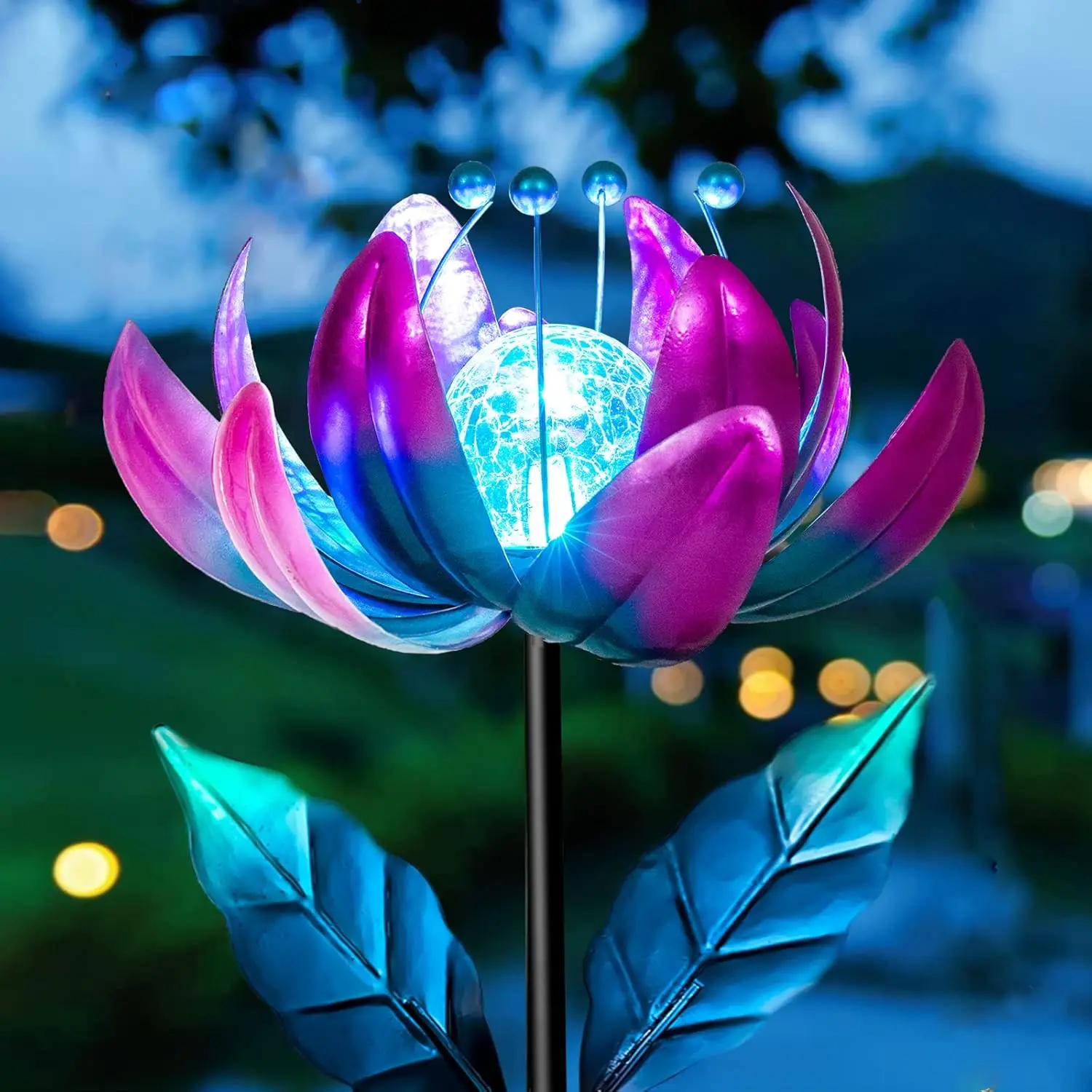 

Solar Purple Metal Flower Wind Spinners, Colorful Spinning Windmill Lotus Yard Art Lights Wind Pinwheels with LED Crystal Ball D