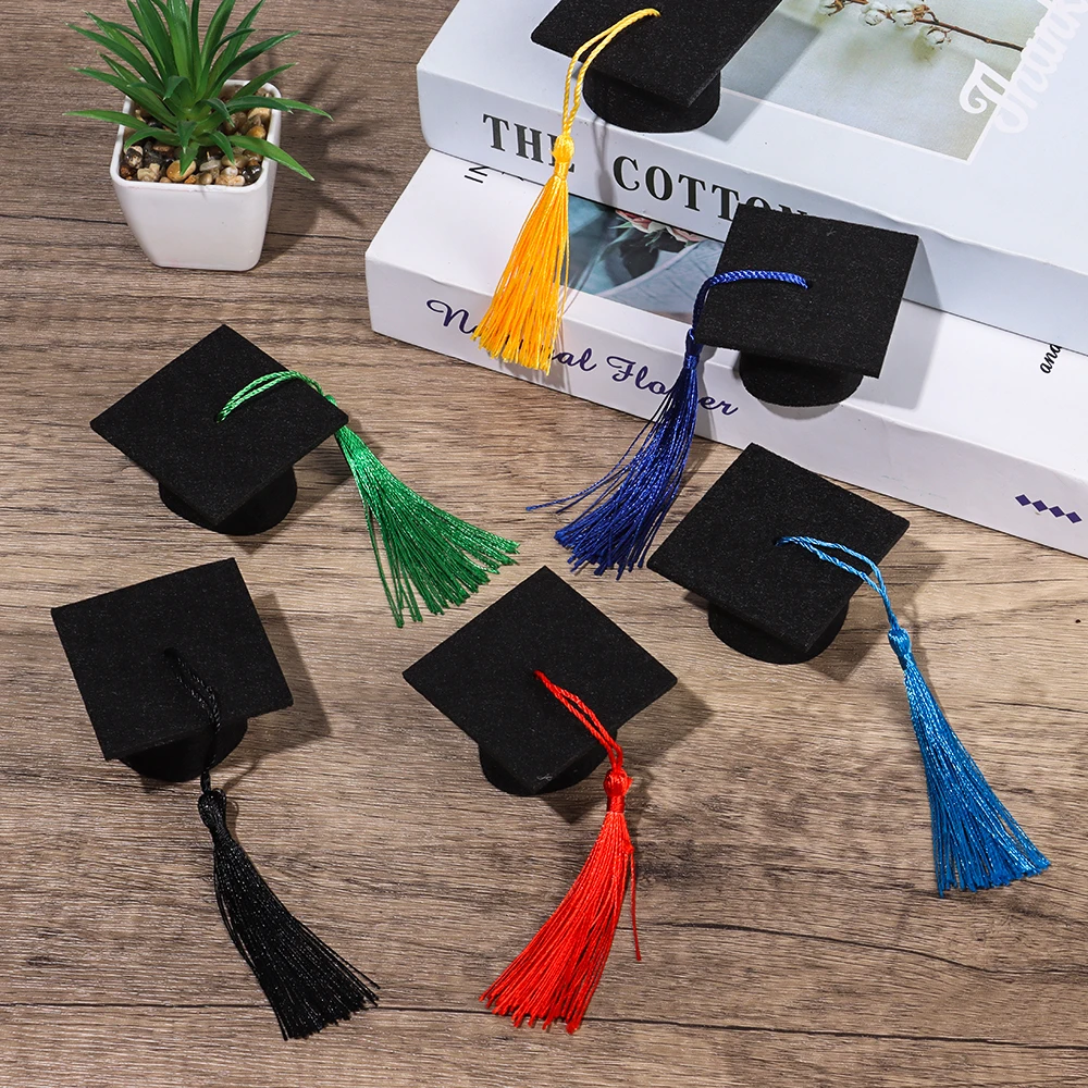 6Pcs Fashion Mini Graduation Hat Doctoral Cap Costume Top Hat With Tassels DIY Doll Decor Flowers Wine Bottle Dolls Decoration