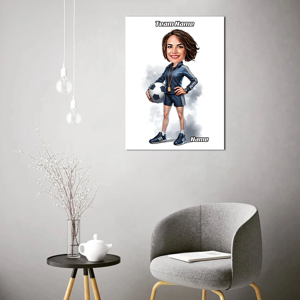 مخصص أنثى مدرب كرة القدم الكرتون صورة مضحك سيدة كاريكاتير صورة شخصية الجدار ملصق فني غرفة ديكور قماش طباعة