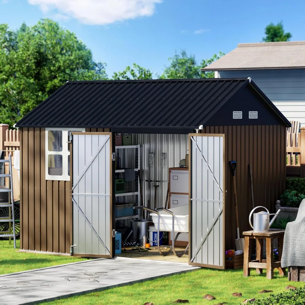 

10X8FT Outdoor Steel Storage Shed with Lockable Doors, One Big Window,Ideal for Garden, Backyard, Patio Storage,Brown