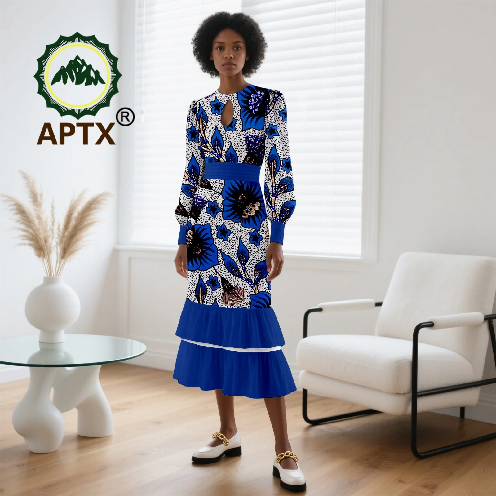 

African Dress for Women Ankara Print O-Neck Full Sleeve Mid-Calf Patchwork Cascading Dress Dashiki Casual Party Dress