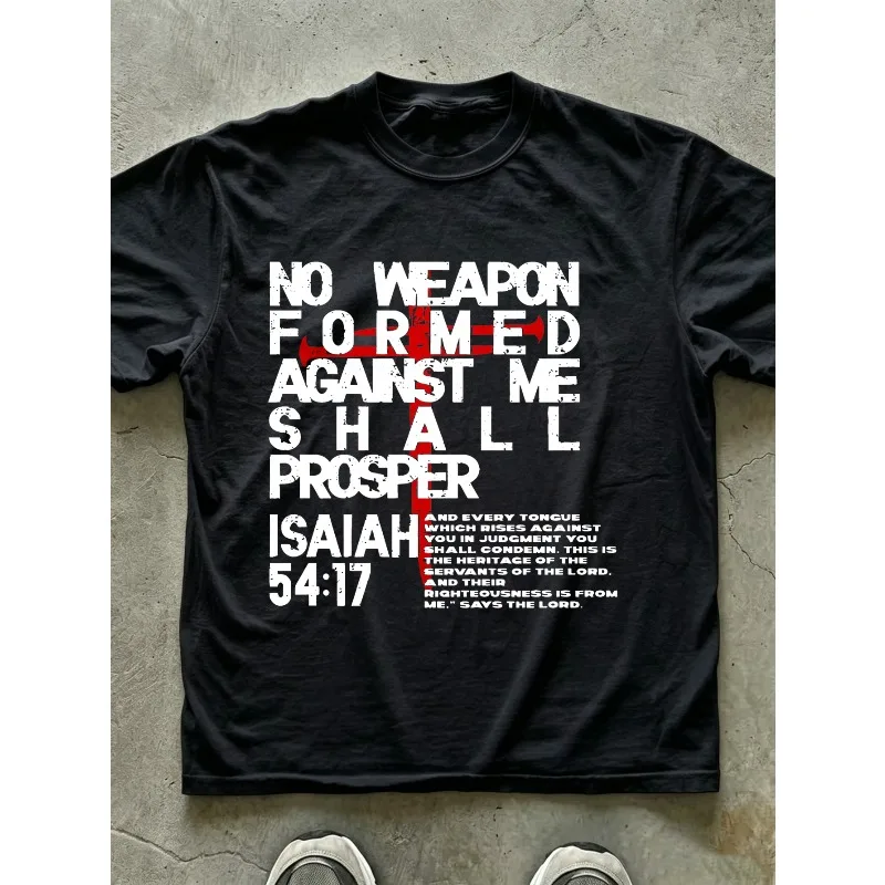 Religious Pattern Style Men's T-shirt Without Weapons Will Surely Thrive for Me 54:17 Bible Scripture Print Y2K Style Unisex