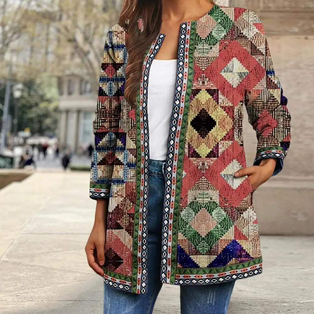 Autumn Coat Fabulous Collarless Plus Size Autumn Coat Colorful Lady Jacket  Plant Pattern Open Stitch Lady Jacket for Home