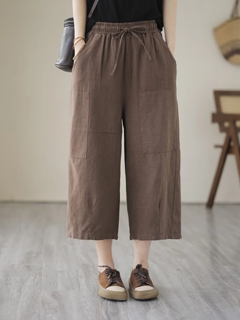 Pantaloni a gamba larga in cotone e lino a vita alta Pantaloni estivi leggeri casual da donna taglie forti Pantaloni a sette cinque lunghezza da pendolare Sle
