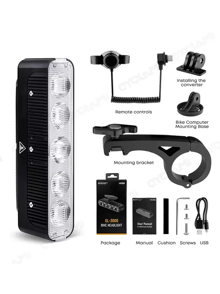 AliExpress CYCLAMI XOSS XL-3000 9000mAH Bicycle Headlight Strip Super Light Aluminum Alloy Hanger Mount MTB Road Bike Front Lamp XL 3000 Lumens