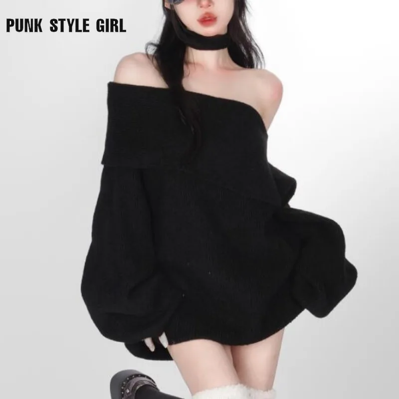 Loose Kpop Black Knit Halter Sweater Women Off Shoulder Sexy Y2K Long Sleeve Pullovers Jumpers Female Lazy Wind Gyaru Jerseys