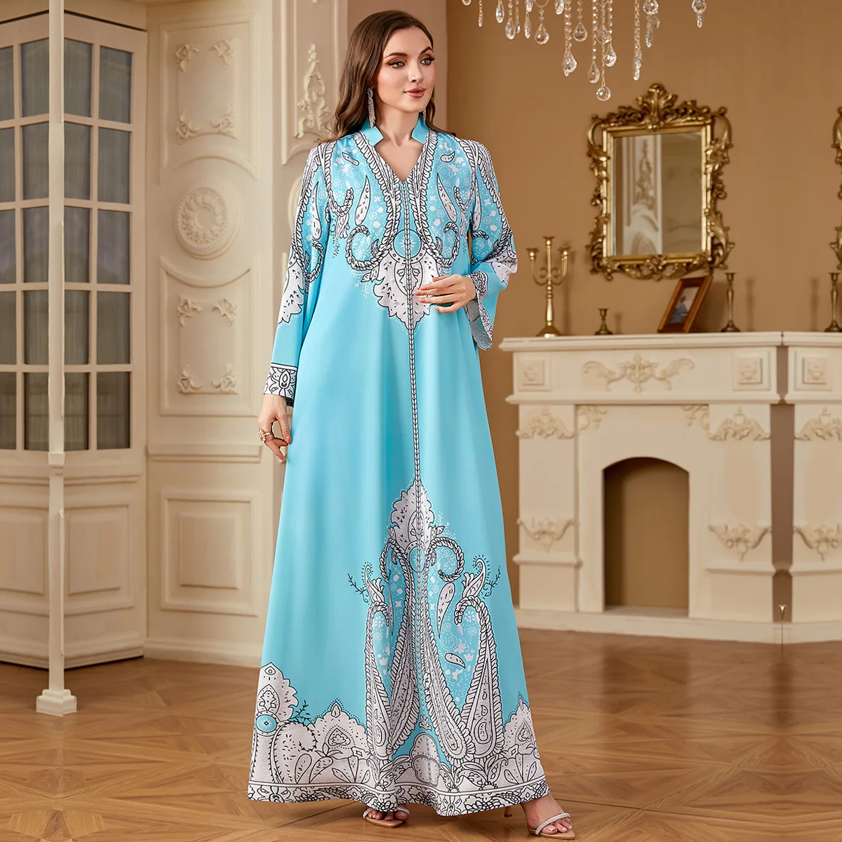 

Dubai Abaya Long Sleeve Floral Print Dress Muslim Women Turkey Kaftan Kebaya Caftan Marocain Femme Robe Islam Jalabiya Robe Gown