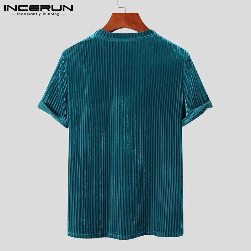 INCERUN 2023 Men Casual T Shirt Velour Round Neck Short Sleeve Solid Color Streetwear Men Clothing Fashion Leisure Camisetas