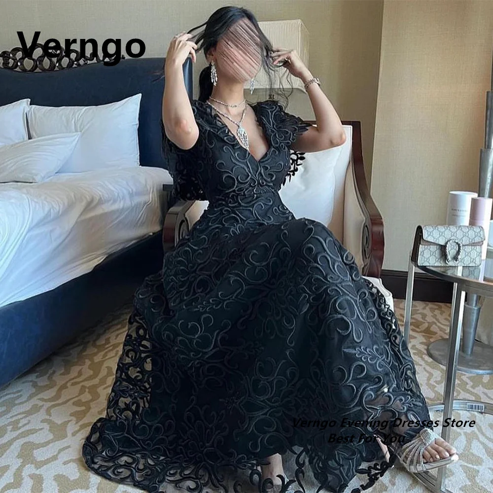 

Verngo Deep V Neck Short Sleeves A Line Long Party Gown Tulle Zipper Dress For Formal Occasion Saudi Arabic Evening Dress