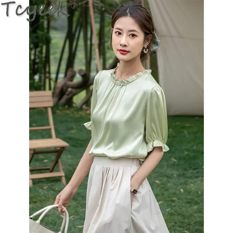 Tcyeek Heavyweight 19 Mm 100% Real Mulberry Silk Blouse Summer Short Sleeve T-shirts Ladies Clothes Tshirt Blusa Mujer Elegante