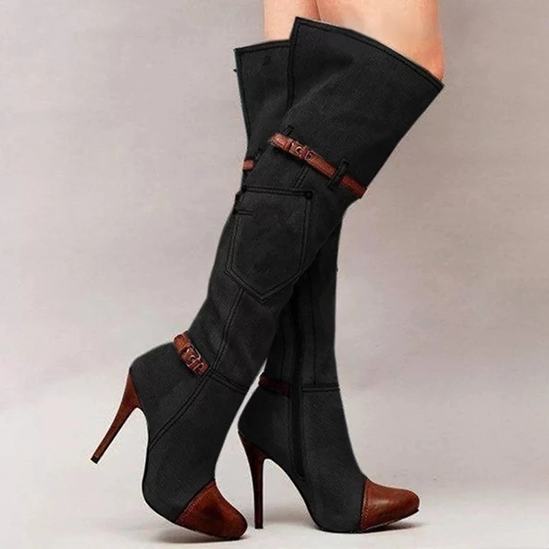 Botas Over The Knee Women Boots Autumn Winter Denim High Heels Ladies Shoes Sexy Buckle Strap Platform Long Boot Thigh High Boot