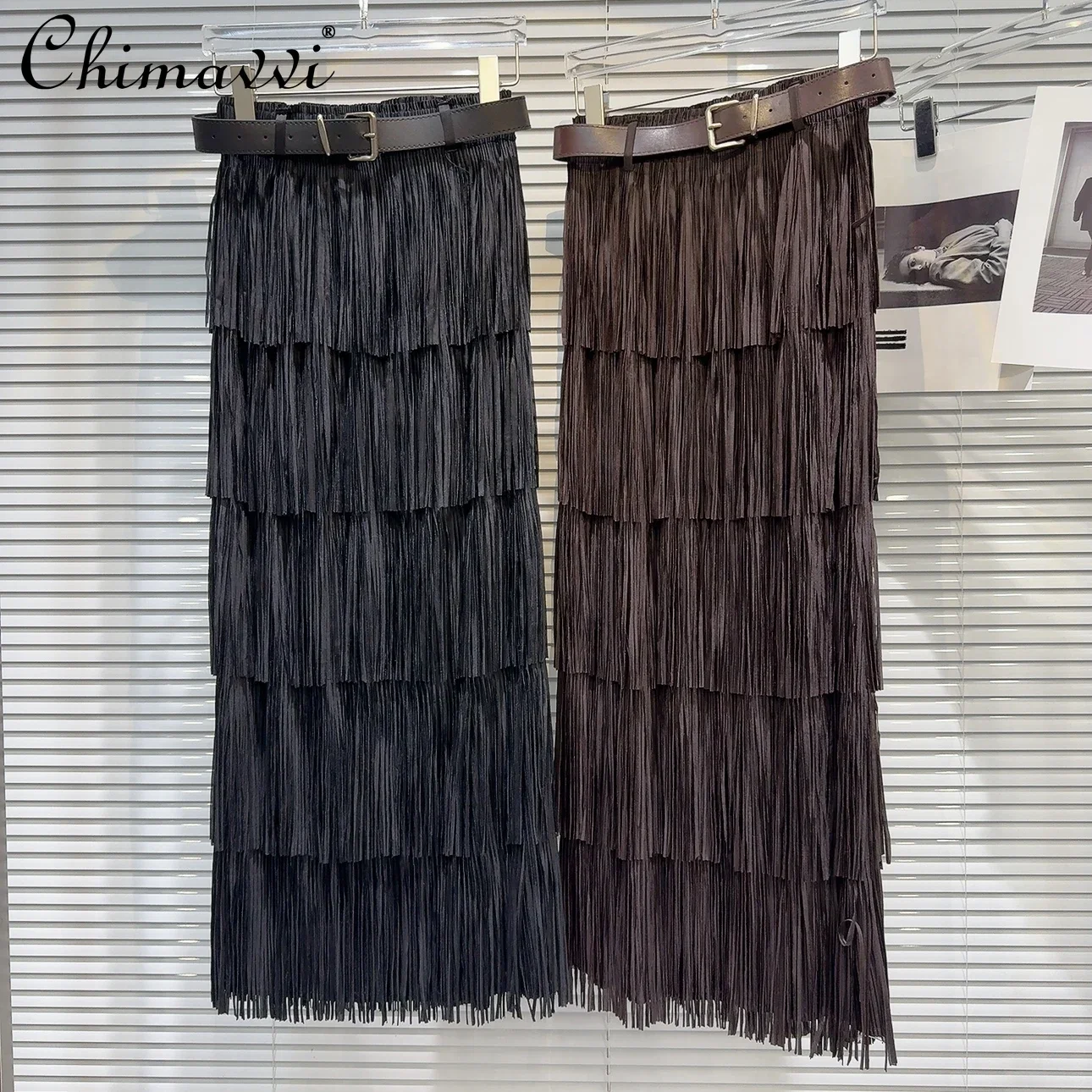 

2024 Autumn New Fashion Personalized Fringed Strip Belt Design Long Skirt Temperament Versatile Mid-length Cake Skirt Women