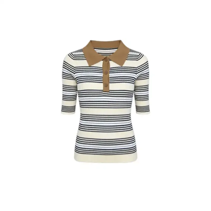 Women's Clothing Slim Ice Silk T-shirt Summer Striped Casual Knit Short Sleeve Tees Lady Versatile Turn-down Collar Vintage Tops