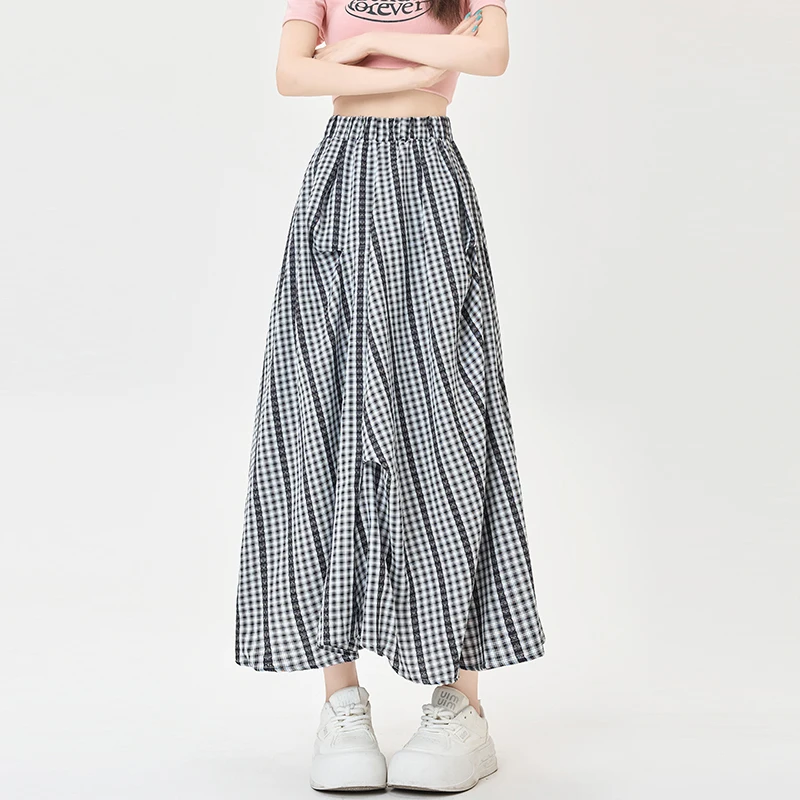 Women's irregular contrast-color plaid skirt, 2025 summer new style, high waist, slim-fitting, A-line pleated large-flare skirt
