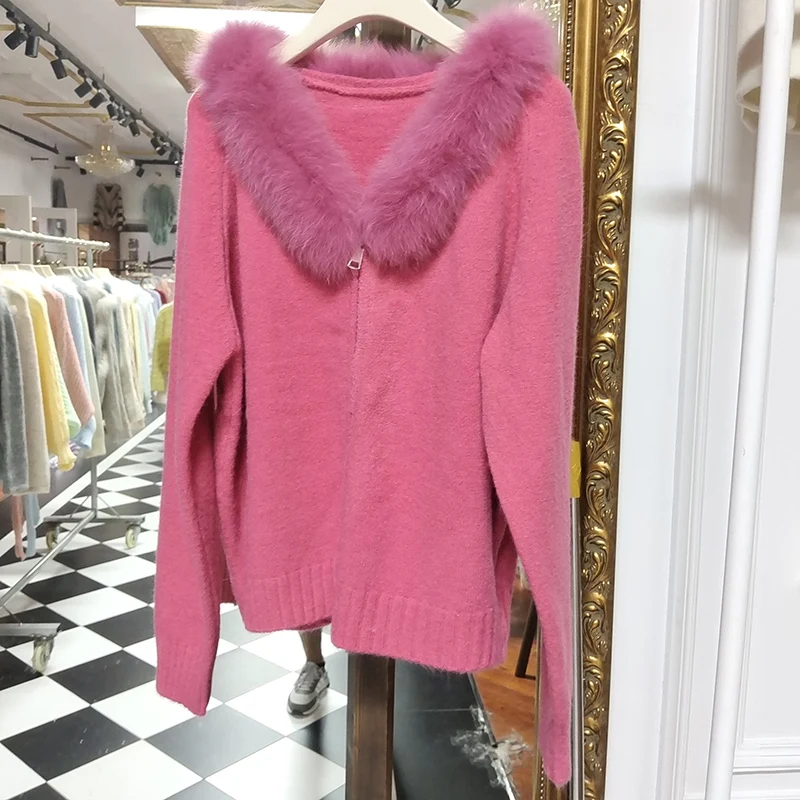 

Женский осенний вязаный кардиган с длинным рукавом и воротником из натурального лисьего меха, повседневный теплый женский кардиган, свитер на молнии