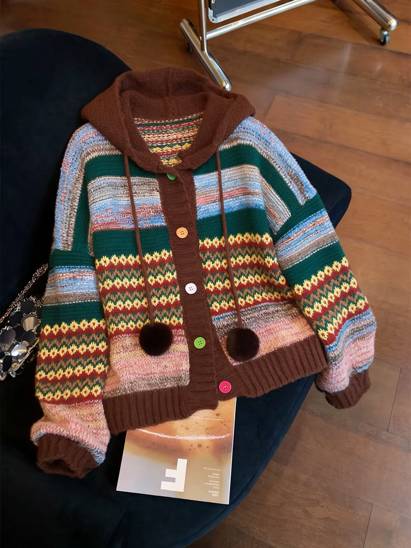 

American Retro College Sle Color Blo Striped Hoodie Sweater Coat Women Spring Autumn Lazy Loose Slimming Knitted Open Car...