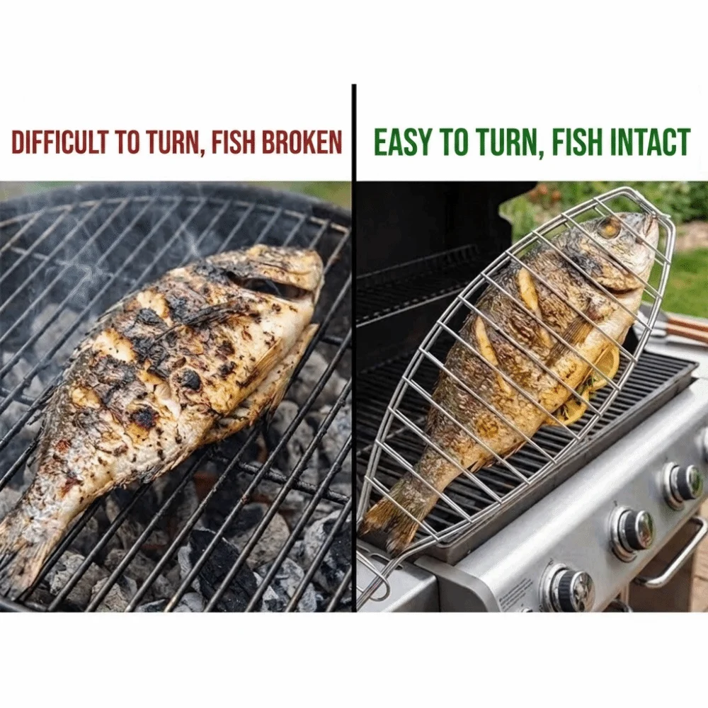 Fish-Shaped Iron Fish Grill Rack Wire Grid 42cm BBQ Grill Clip Long Handle Sliding Lock Fish Grill Basket Whole Fish Grilling
