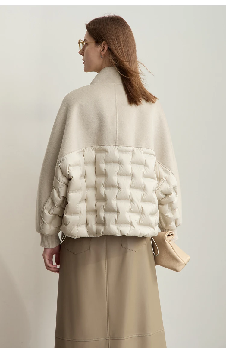 AMII Down Coats 100% Wool Stand Collar Loose Spliced Jackets for Woman 2024 Winter Warm New Casual Versatile Jacket 12454007