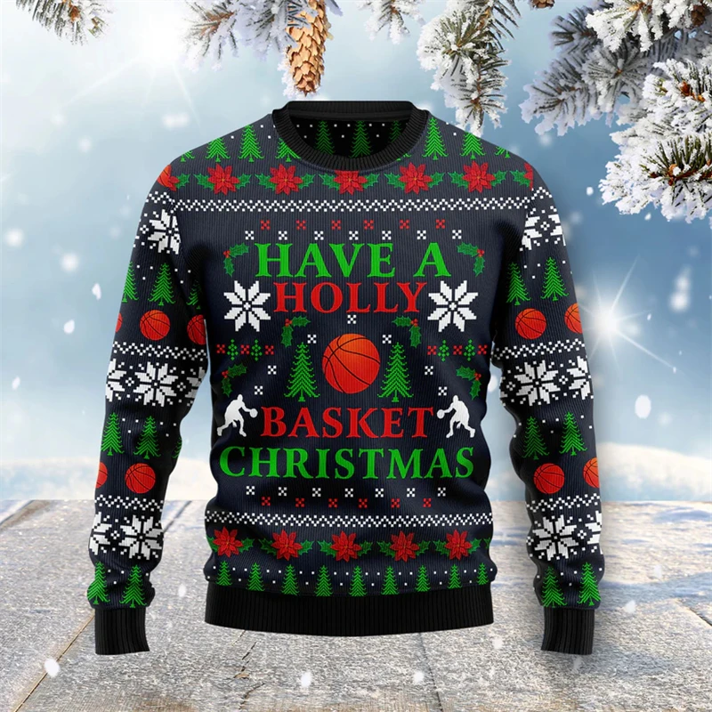 Fashion Santa Basketball Ugly Christmas Sweater For Men Funny Holiday Xmas 3D Print Kids Sports Pullover Casual Trend Sweatshirt