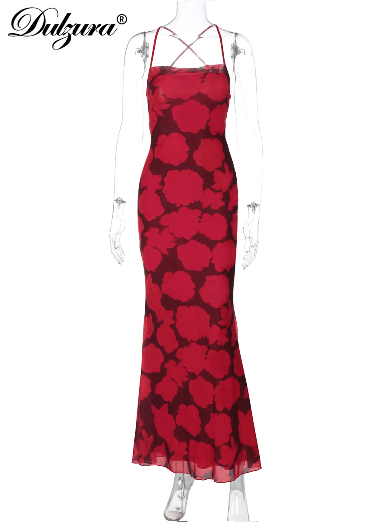 Dulzura Maglia senza maniche Backless Lace Up Stampa floreale Cami Maxi abito da donna Sexy elegante abito vintage Party Club Vacation