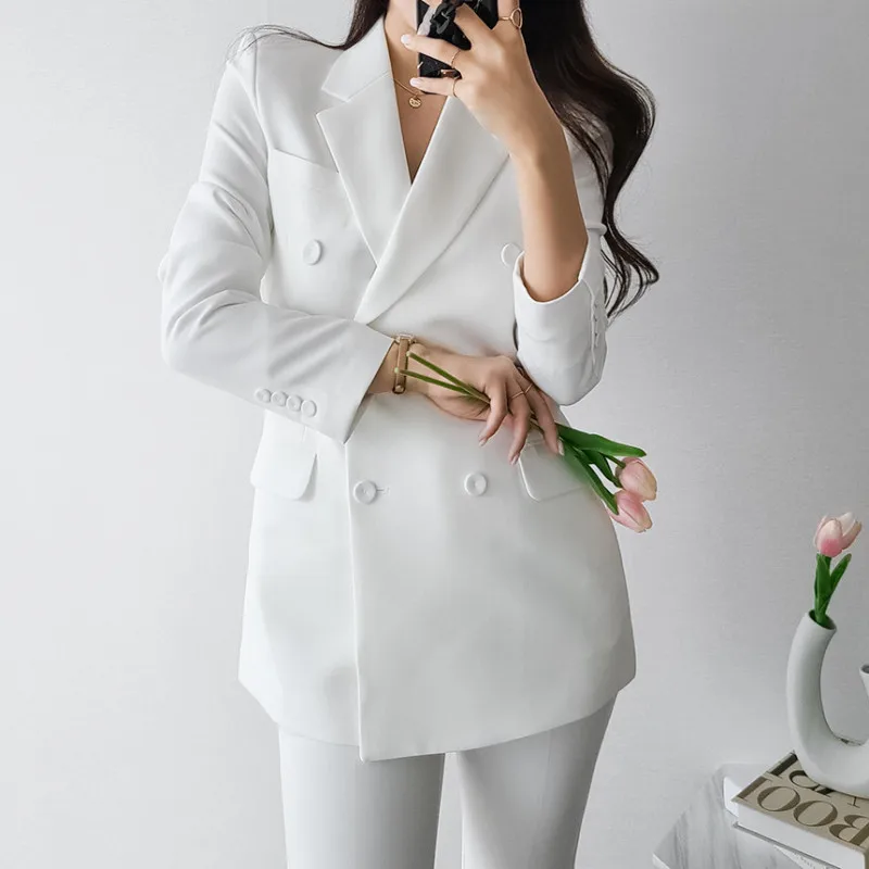 Korean Women\'s Graceful White Blazers Pants Two Piece Set Office Lady Basic Work OL Outfits Black Jacket Trousers Suit Female