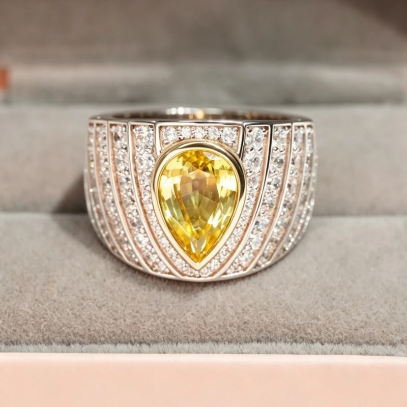 Bellux 925 Silver Ring Light Luxury Water Drop Lab Grown Yellow Sapphire Women's Ring Multi Stone Set Banquet Jewelry Rings