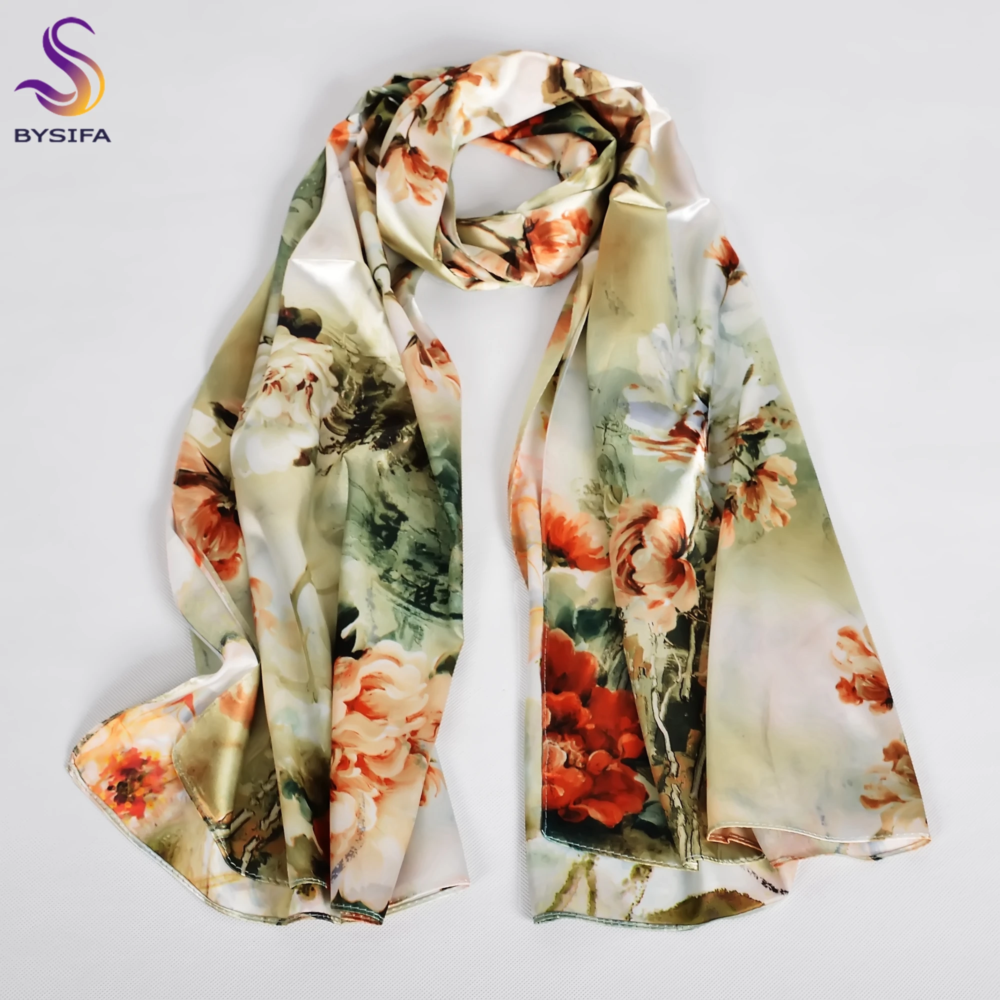 [BYSIFA] Silk Scarf Shawl Femmes Foulard New Magnolia Design Ladies Double Faces Long Scarves Printed Beige Pink Hijabs160*70cm