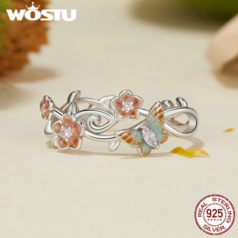 WOSTU Open Ring 925 Sterling Silver Romantic Cherry Butterfly Ring for Women Girl Party Birthday Gift Fine Jewelry FNR538-E