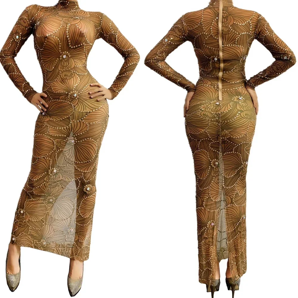 

Women Brown Shining Rhinestones Evening Banquet Sexy Dress Stage Entertainer Ballroom Wears 2025