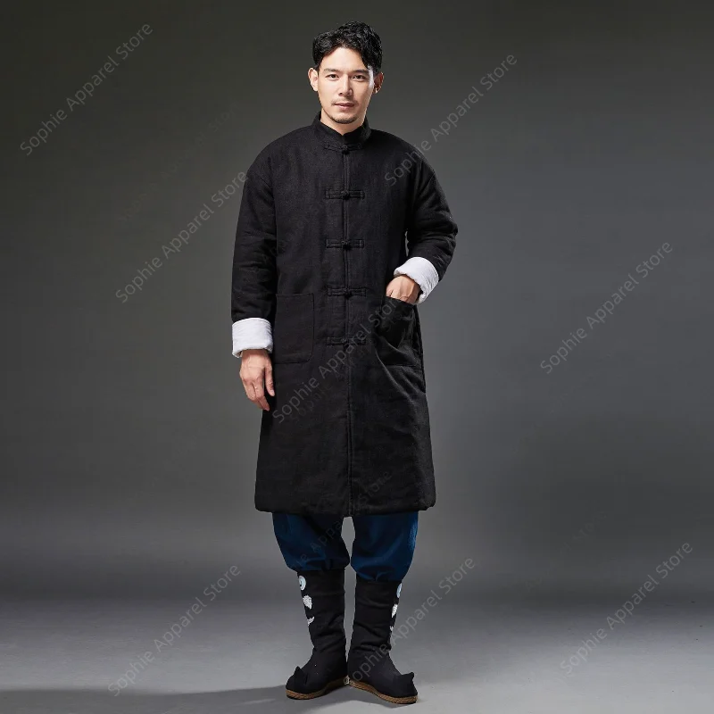 

Китайское традиционное платье, мужской хлопково-льняной костюм Hanfu, мужское пальто с воротником-стойкой, платье Тан, длинный халат