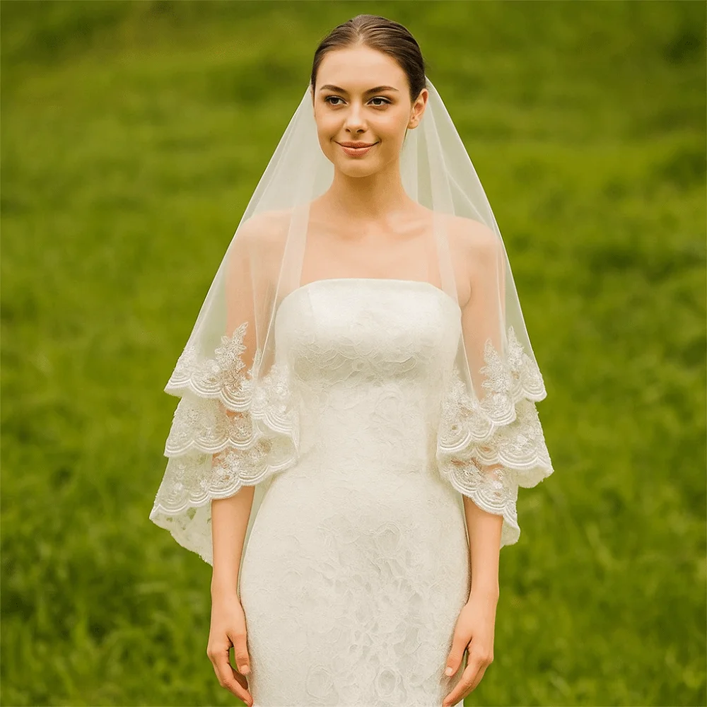 Elegant Luxury Bride Wedding Veils Sequins Glitter Lace Edge Lace Beaded Veil with Hair Comb Mesh Veil Wedding Ceremony