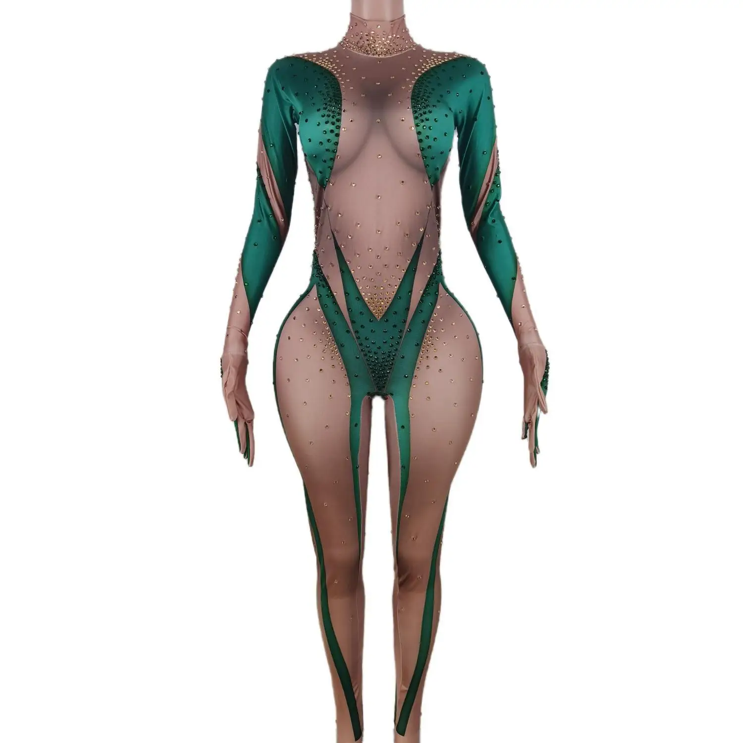 

Bodycon Club Pole Dance Leotard Rompers Women One Piece Jumpsuits Design Long Sleeve Elastic Tights Rhinestone Spandex Bodysuits