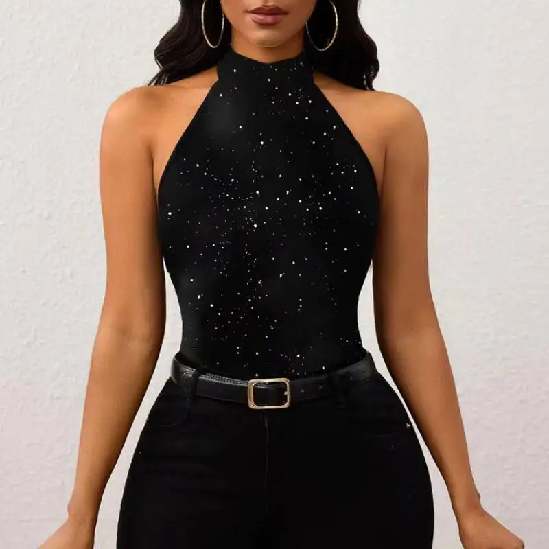 New Summer Fashion Commuter Women Black Sequin Halter Vest Slim Casual Daily Top Stylish Trendy