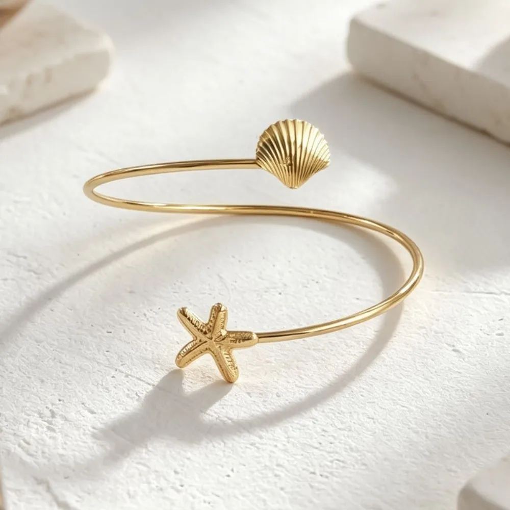 New Ocean Style Upper Arm Cuff Bracelet Seashell Starfish Open Cuff Armlet Gold Color Spiral Design Spiral Arm Bracelet Gifts