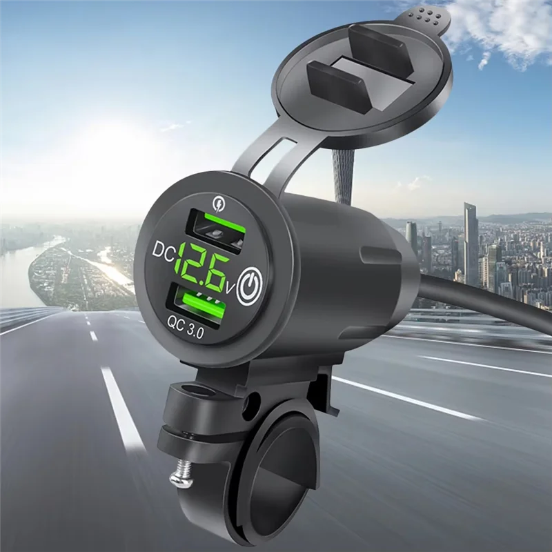 

Rider Handlebar Rack Car Charger Featuring Dual USB Fast Charge QC3.0 With Voltage Display