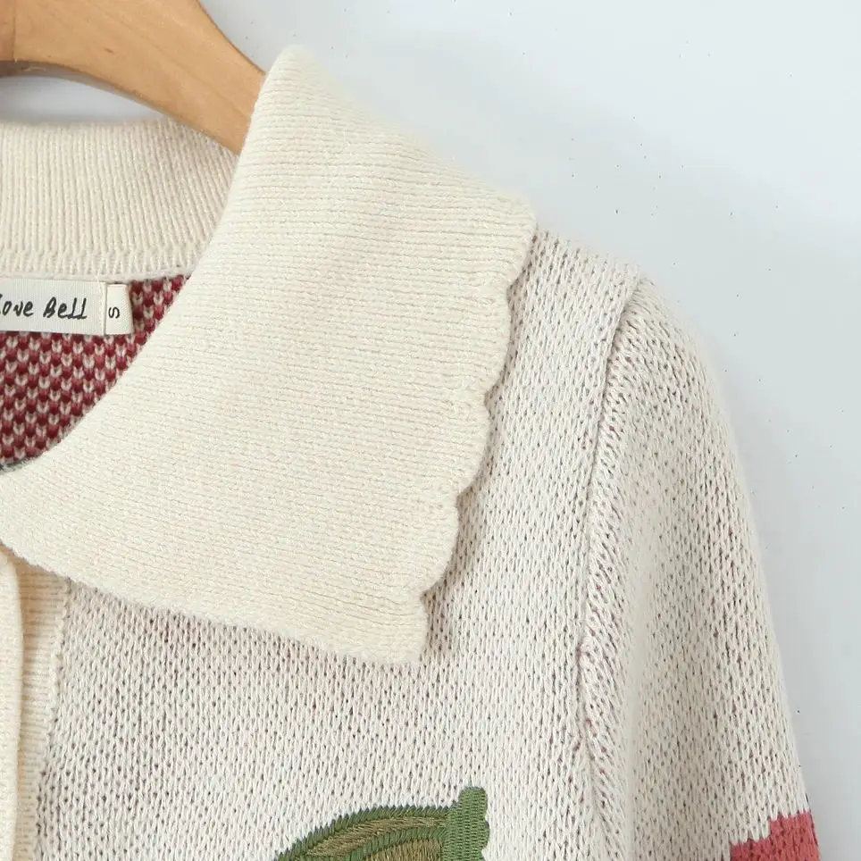 2025 Zoet Fruit Geruite Knoop Door Pointelle Gebreid Vest Trui Vrouw Revers Jacquard Trui Met Volledige Mouw Cropped Truien