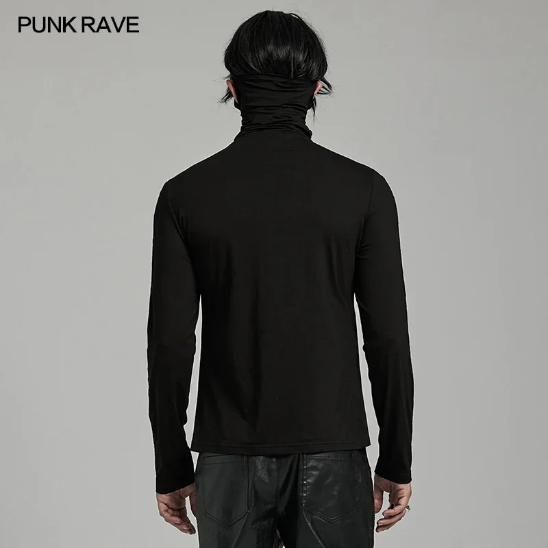 PUNK RAVE Men\'s Punk High Collar Ear Holes Design T-shirt Spikes Eyelets Decoration Daily Black Tops Tees Streetwear Autumn