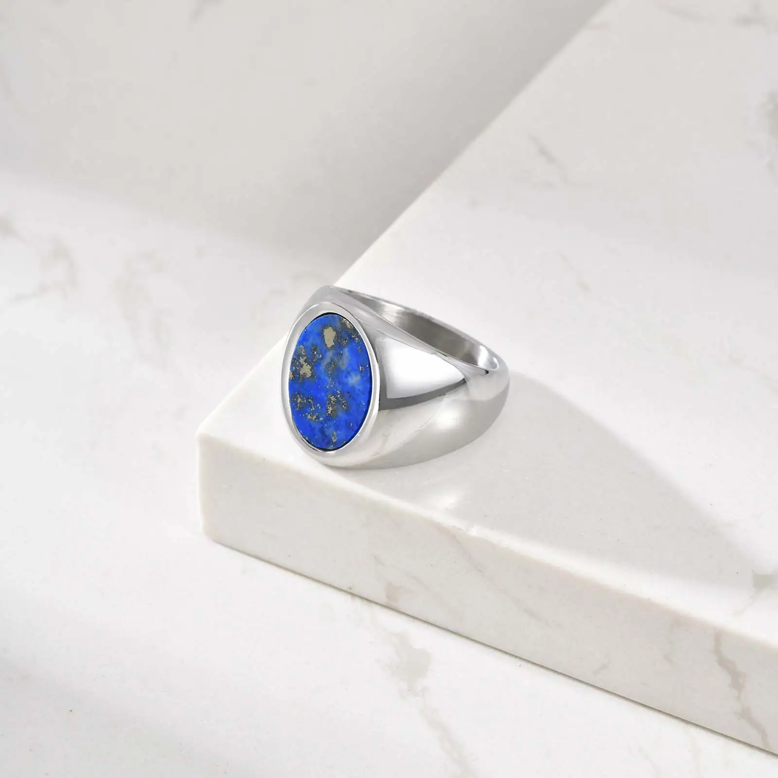 Men's High Quality Stainless Steel Rings Natural Stone Fashion Round Signet Rings for Men Women Father Teens Simple Jewelry Gift - Image 4
