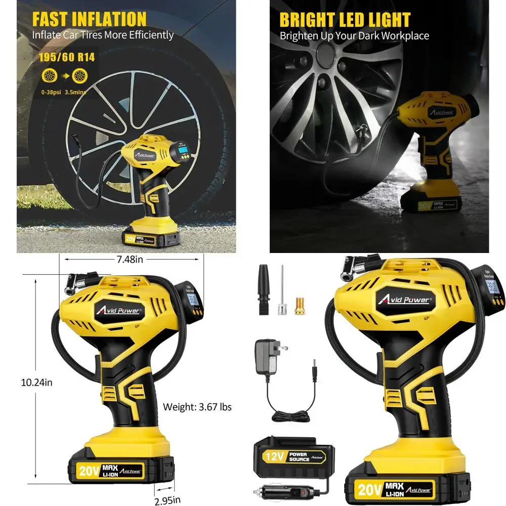 

Беспроводной насос для накачивания шин Портативный воздушный компрессор, автомобильный шинный насос с перезаряжаемой батареей 20 В с адаптером постоянного тока 12 В, цифровой пресс