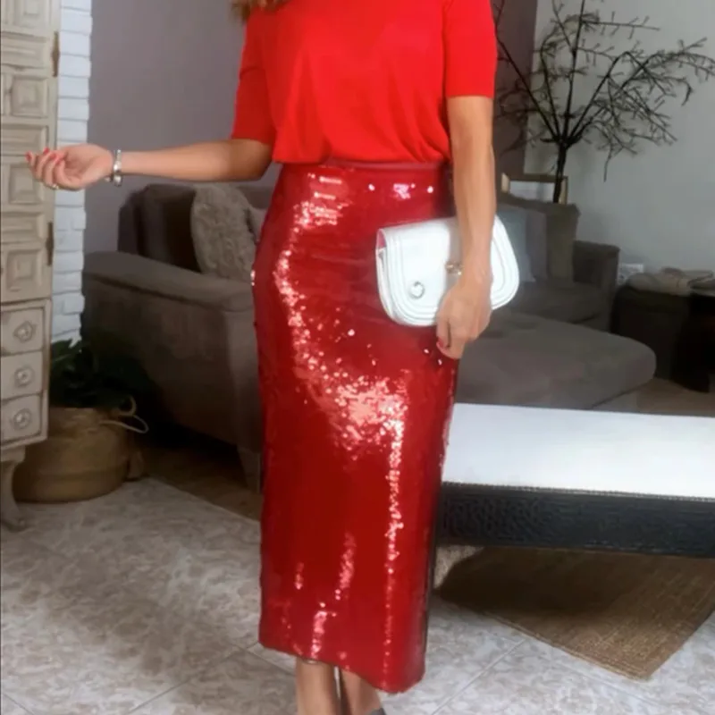 Vintage Red Sequins Slim Fit Slit Skirt Women Fashion Autumn Winter New Chic Female High Waist Elegant Party Long Midi Skirts