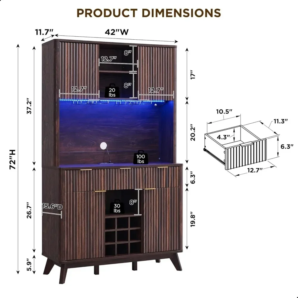 Armadietto da bar scanalato, armadietto da bar per vino alto 72 pollici con luci a LED, casa in legno, ripiano portaoggetti a 10 livelli e portabicchieri da vino a 9 griglie