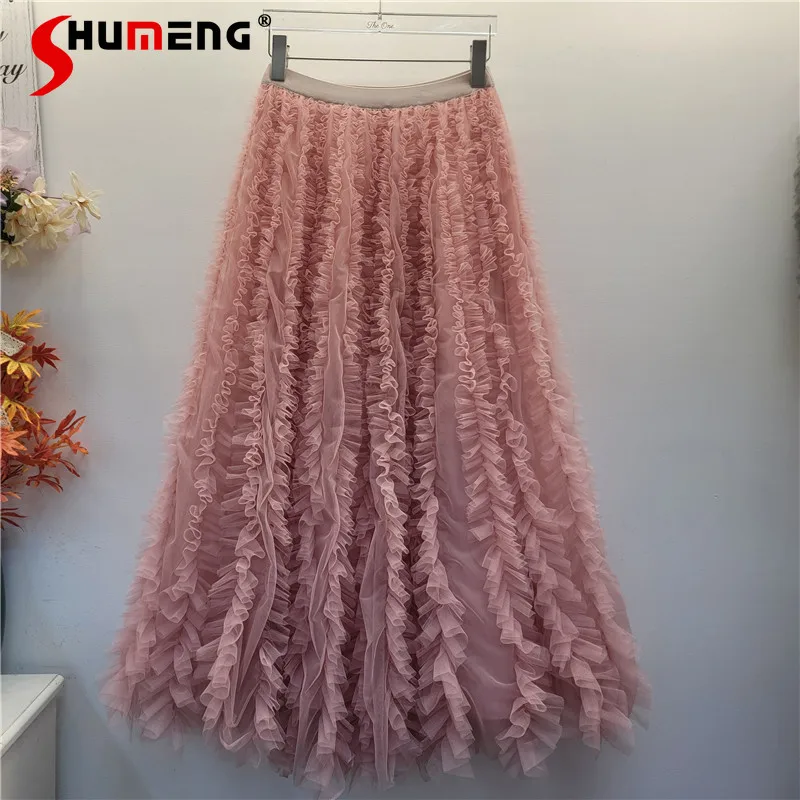 

Women 2025 Autumn New Fashion Lotus Leaf Edge Mesh Gauze A-Line Skirts Feminine Trendy Versatile Half Skirt Fairy Stylish Skirts