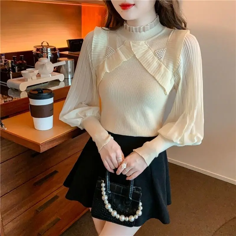 Women Fashion Ruffled Beaded Chic Sweet Knitted Blouses 2024 Spring Autumn Half High Collar Long Sleeve Slim Pullover Basic Tops