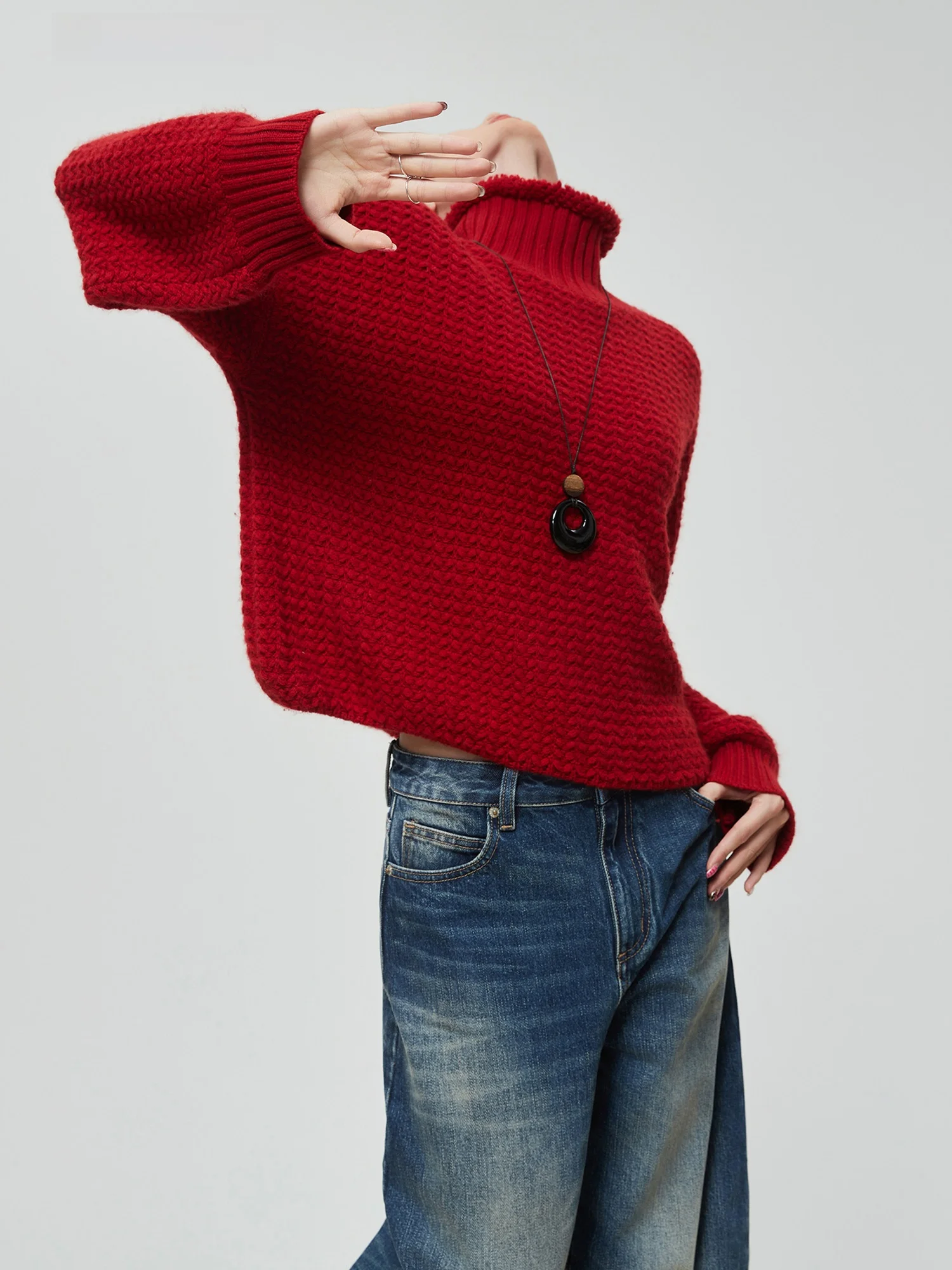 

Женский зимний свитер Sli Red Thi Knit с высоким воротником, новый, винтажный, премиум-класса, с узором косы, теплый, уютный, с длинными рукавами